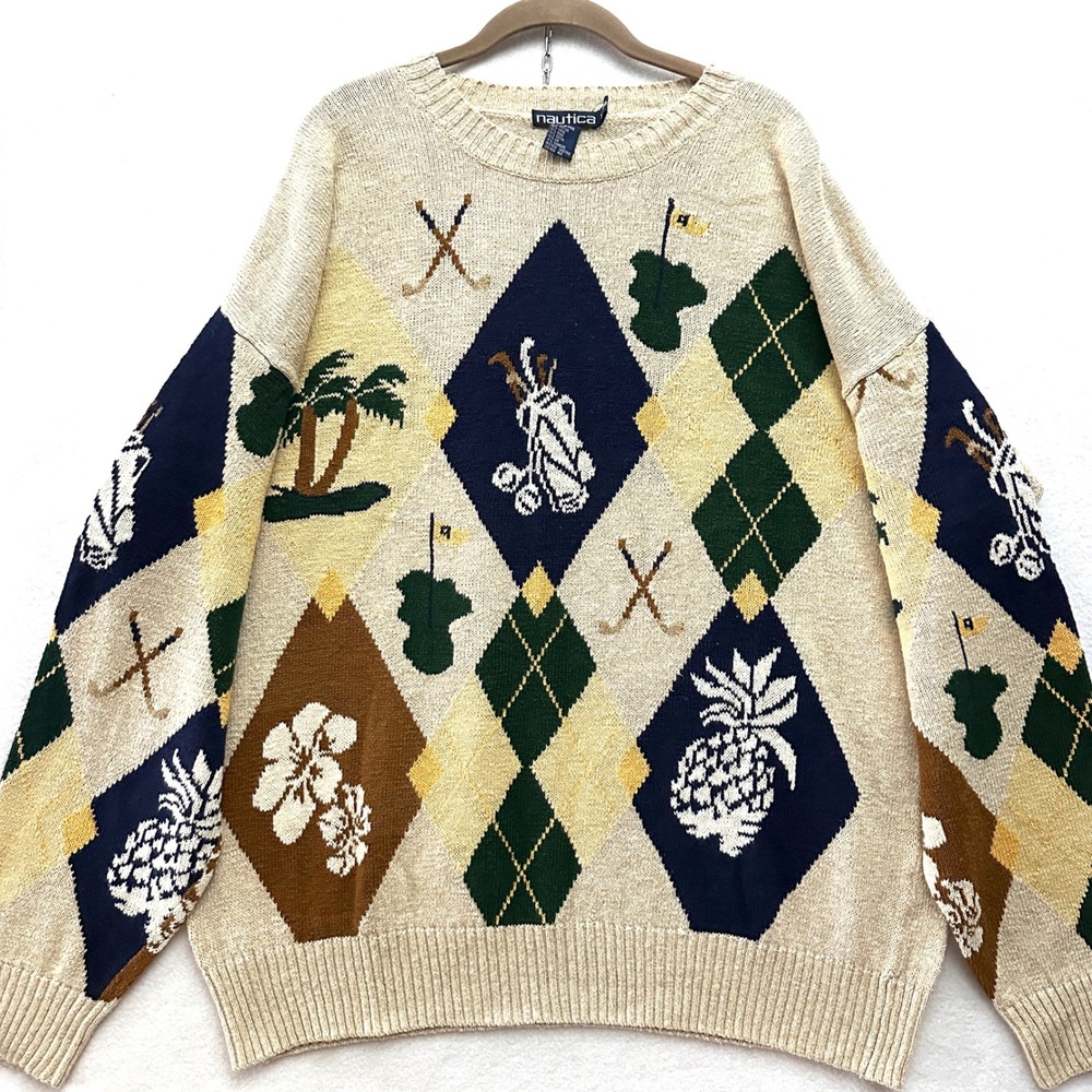 Nautica Vintage Mens XL Golf Tropical Argyle Cotton Linen Hemp Sweater Grandpa